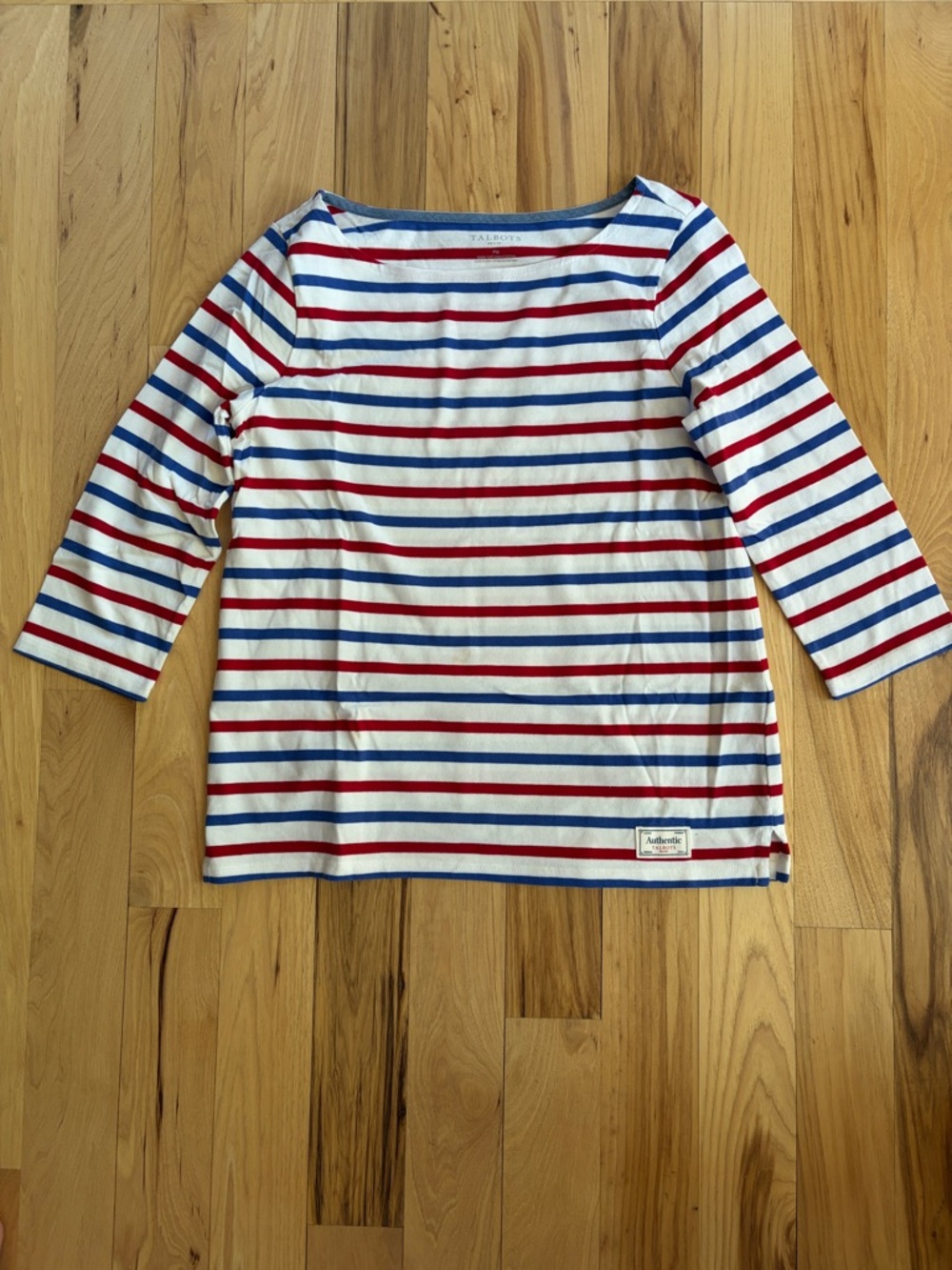 Talbots Red, White & Blue Striped Boatneck 3/4 Sleeve Top